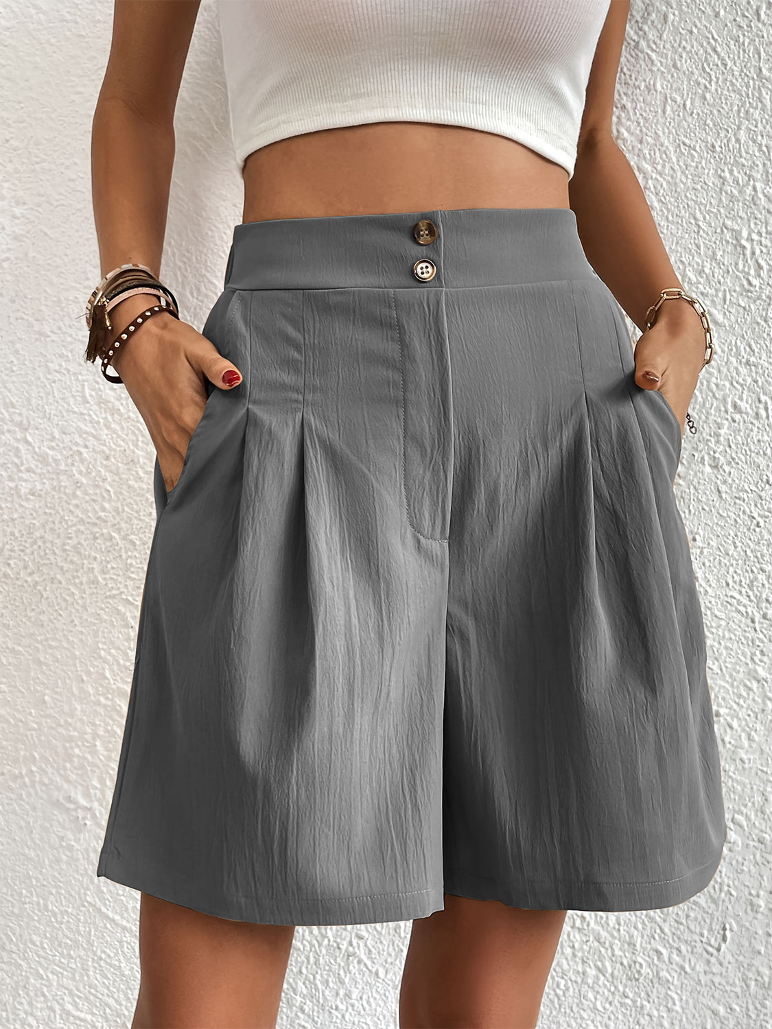 Pocketed Half Elastic Waist Shorts-Angel Casuals