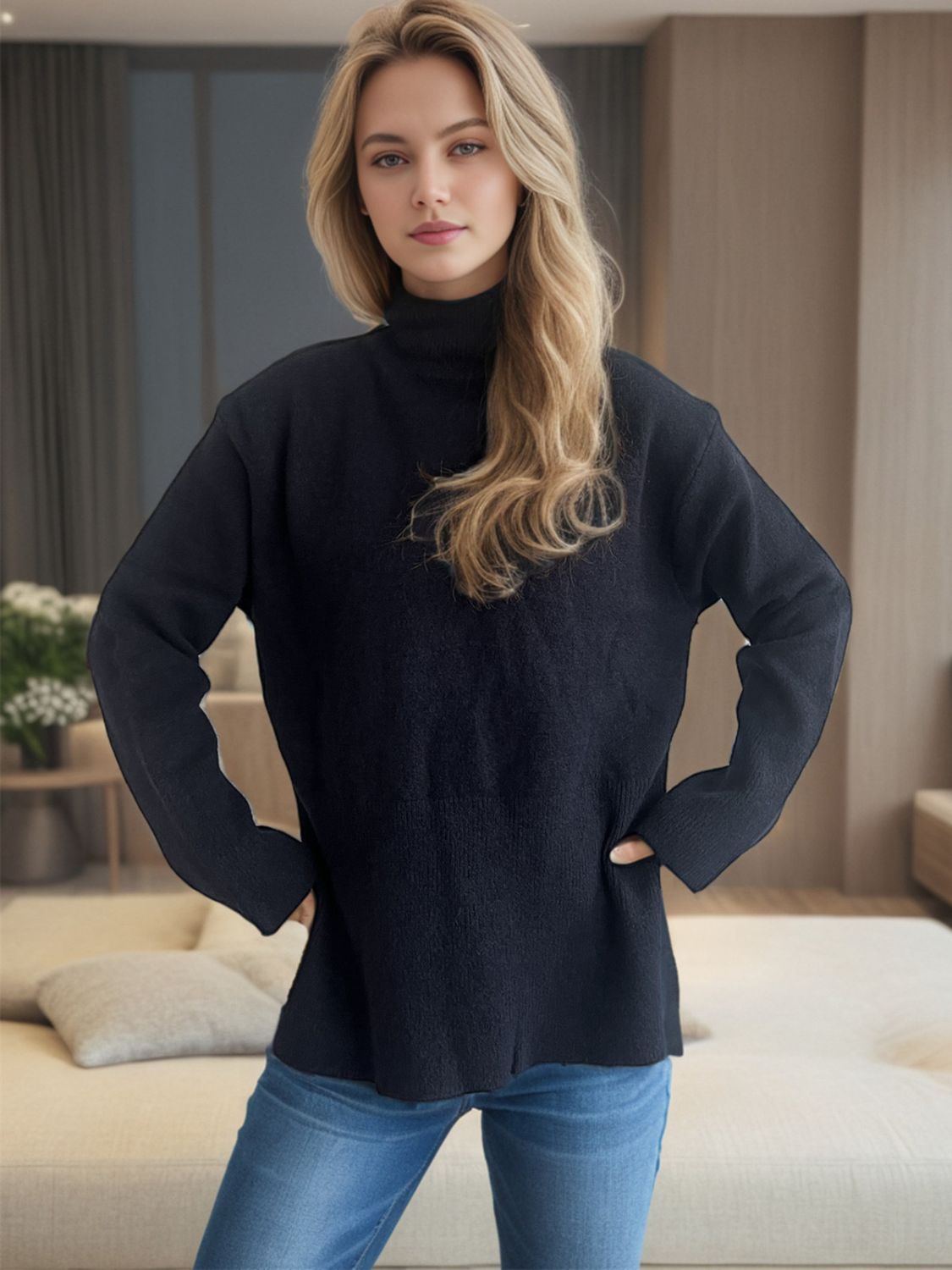 Side Slit Turtleneck Long Sleeve Sweater-Angel Casuals