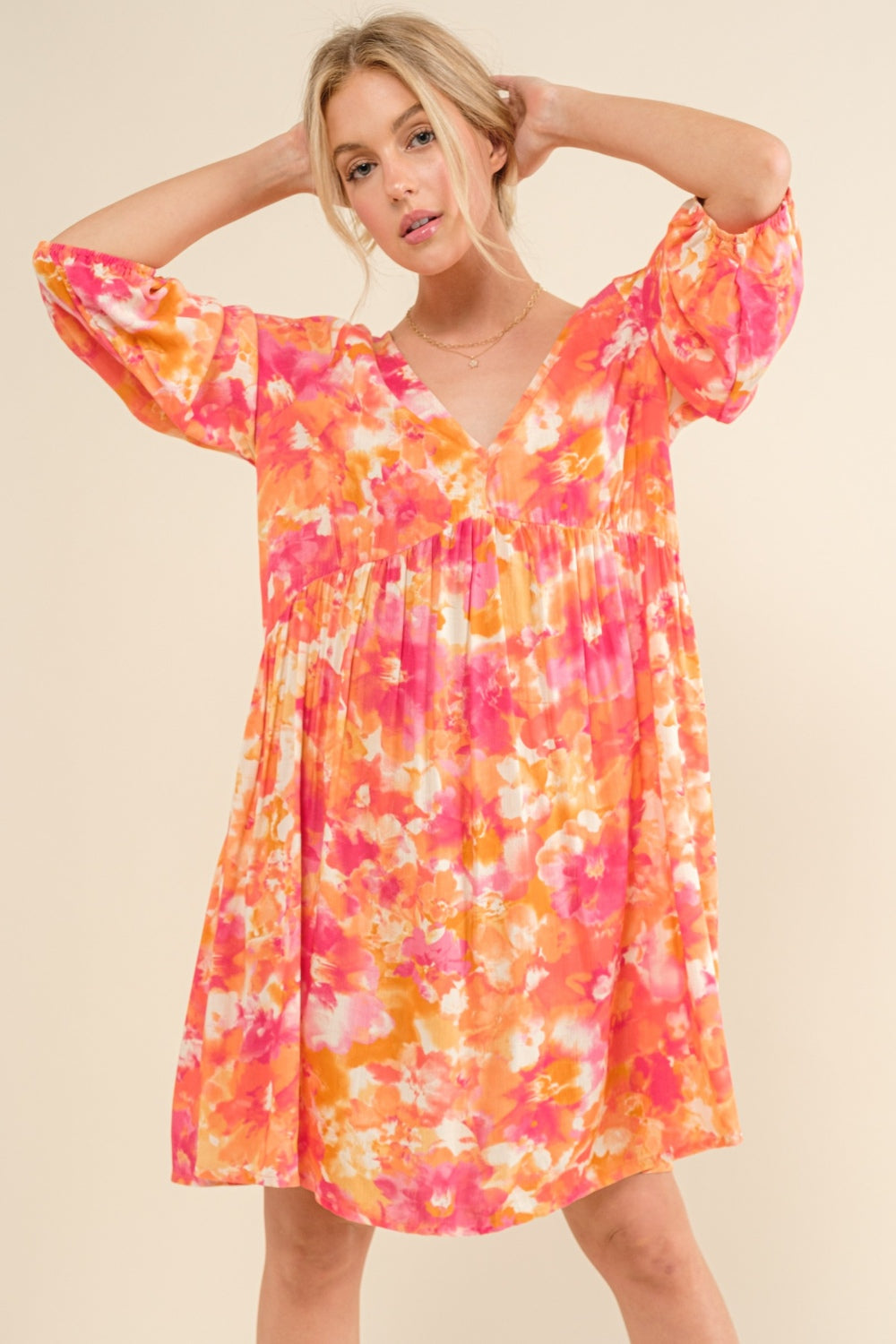 And The Why Full Size Printed Tie Back Long Sleeve Dress-Angel Casuals