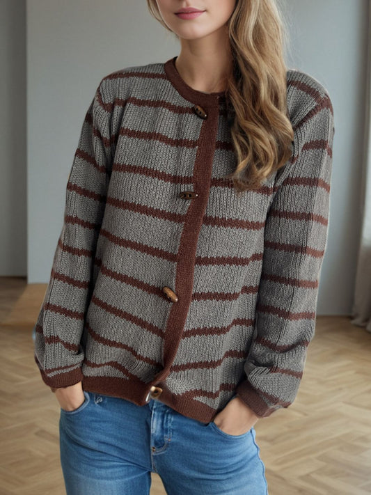 Striped Round Neck Long Sleeve Cardigan-Angel Casuals