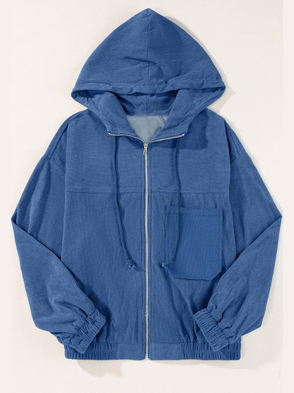 Drawstring Zip Up Long Sleeve Hooded Jacket-Angel Casuals