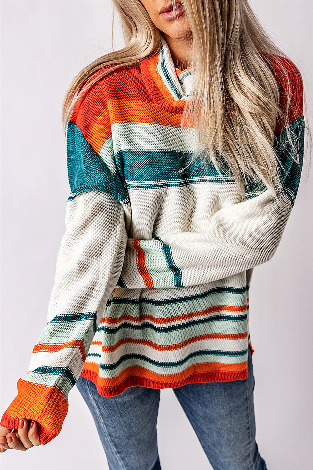 Contrast Striped Turtleneck Dropped Shoulder Sweater-Angel Casuals