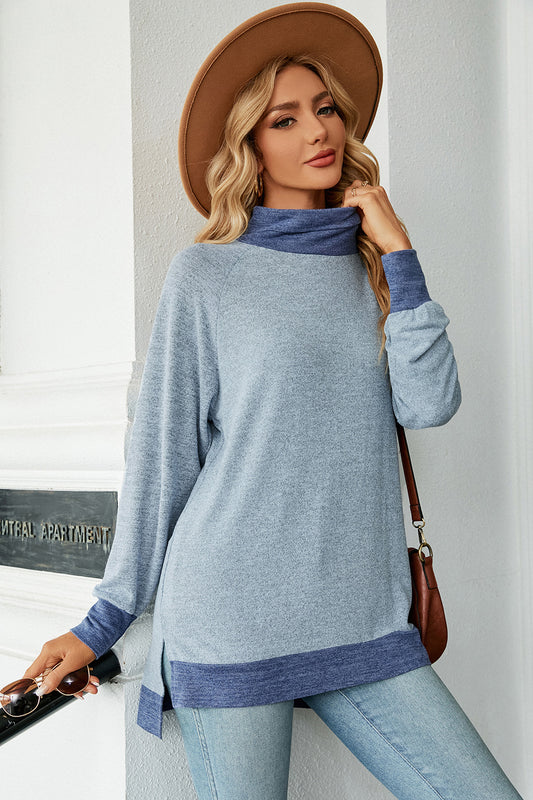 Slit Mock Neck Long Sleeve T-Shirt-Angel Casuals