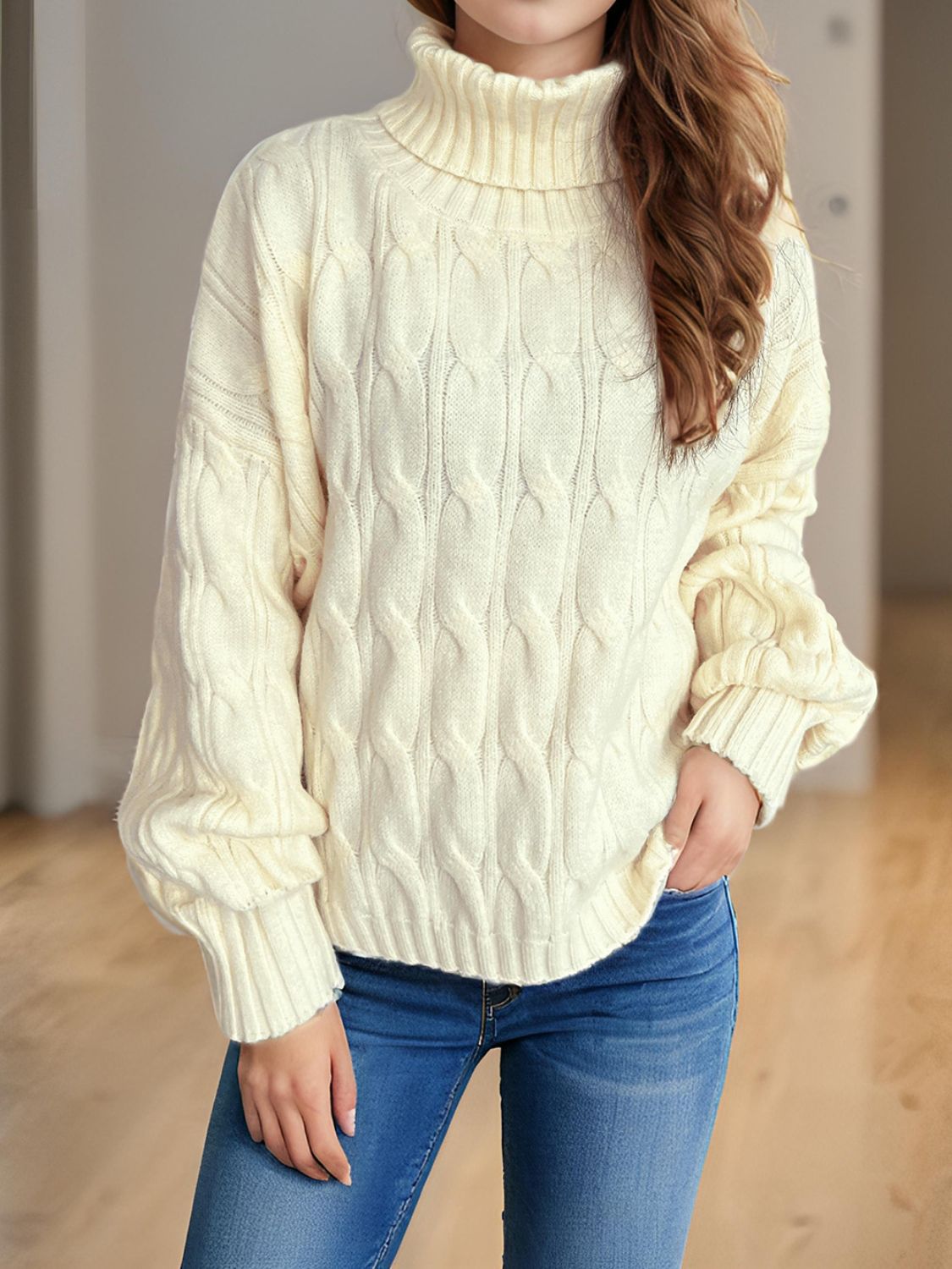 Cable-Knit Turtleneck Long Sleeve Sweater-Angel Casuals