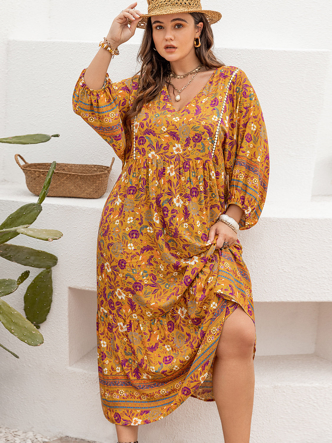 Plus Size Floral V-Neck Balloon Sleeve Midi Dress-Angel Casuals