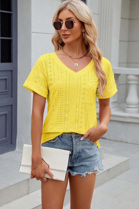 Eyelet V-Neck Short Sleeve T-Shirt-Angel Casuals