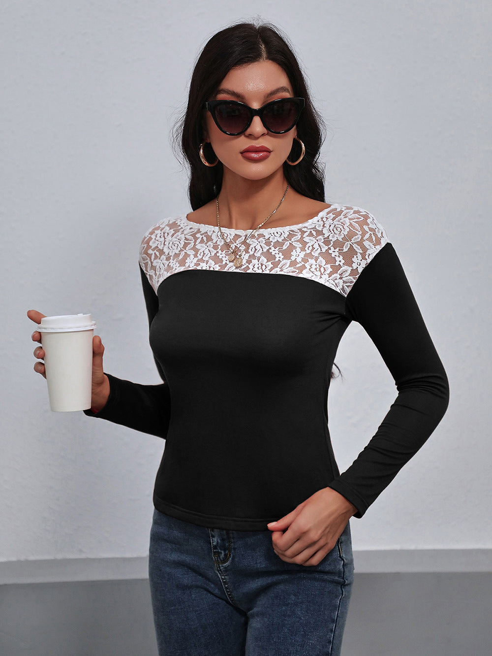 Lace Trim Long Sleeve Round Neck Tee-Angel Casuals