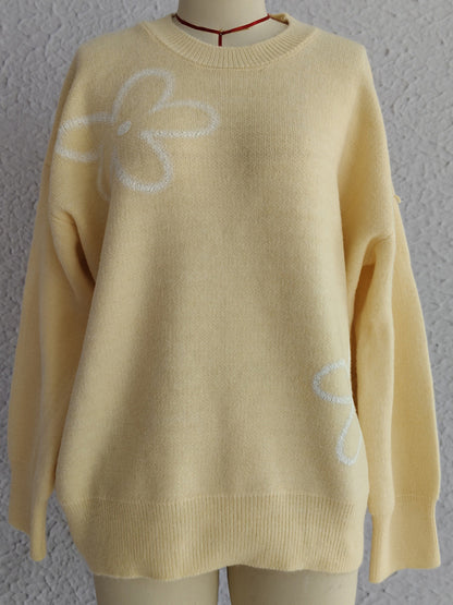 Flower Round Neck Long Sleeve Sweater-Angel Casuals