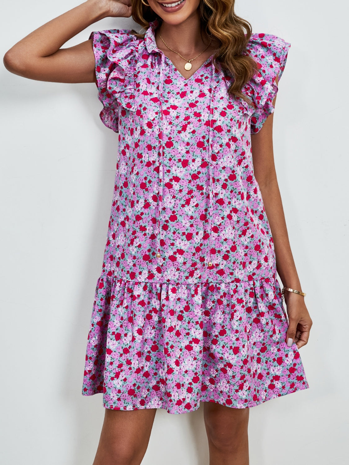 Tied Floral Cap Sleeve Mini Dress-Angel Casuals