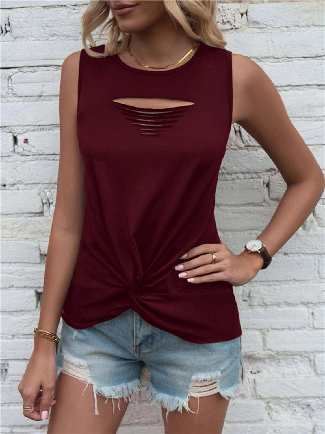 Cutout Twisted Round Neck Tank-Angel Casuals