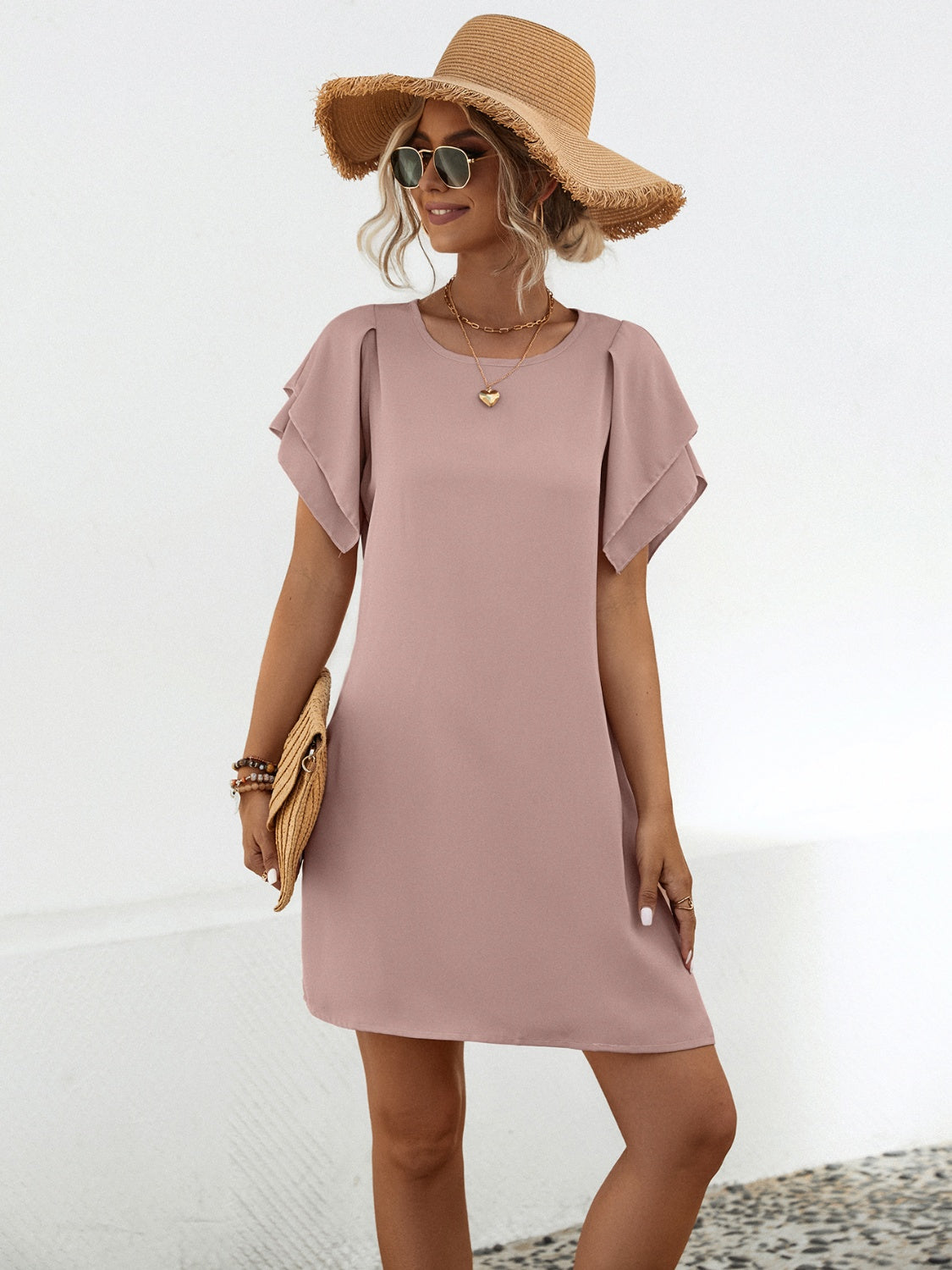 Round Neck Flutter Sleeve Mini Dress-Angel Casuals