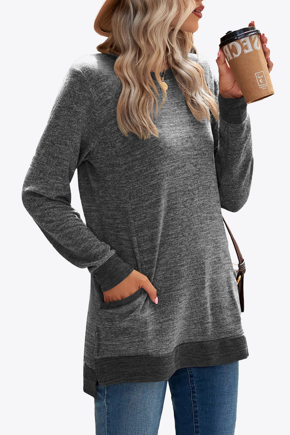 Heathered Slit Top with Pockets-Angel Casuals