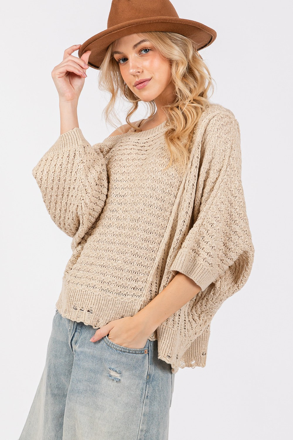 SAGE + FIG Distressed Asymmetrical Open Stitch Sweater-Angel Casuals