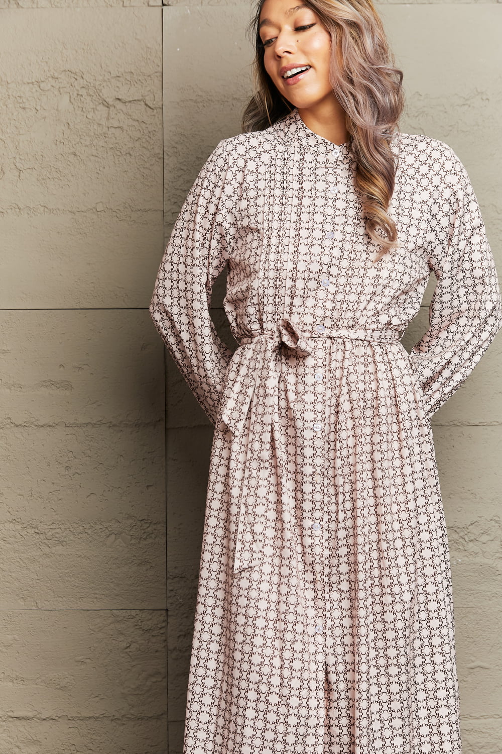 Printed Tie Waist Long Sleeve Dress-Angel Casuals