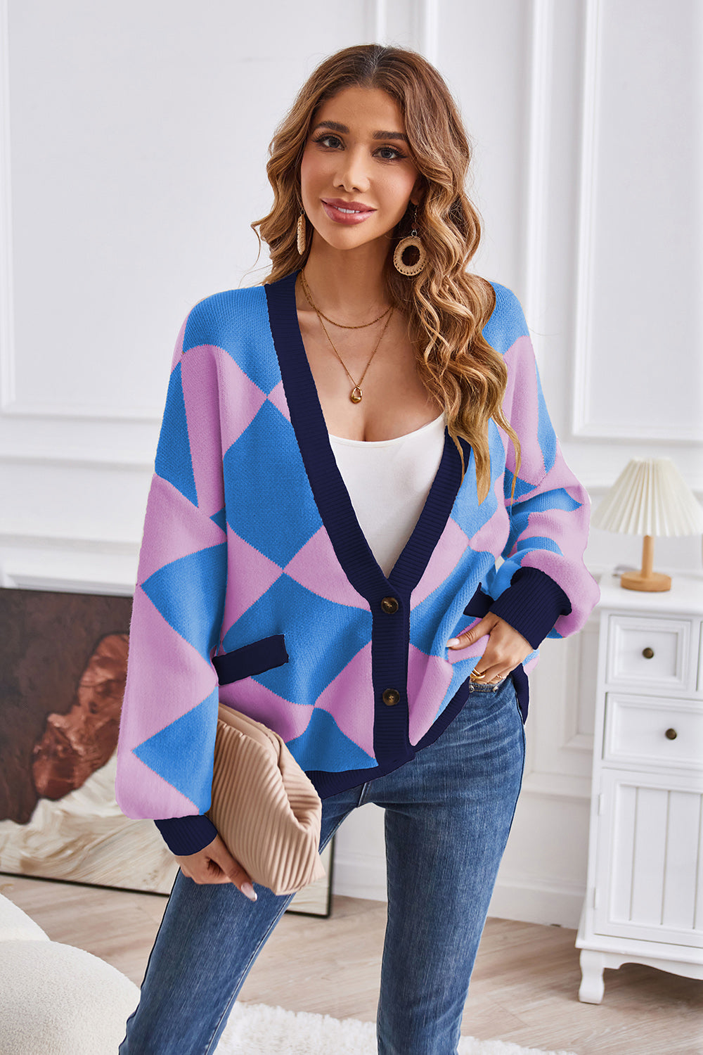 Geometric Lantern Sleeve Cardigan with Pockets-Angel Casuals