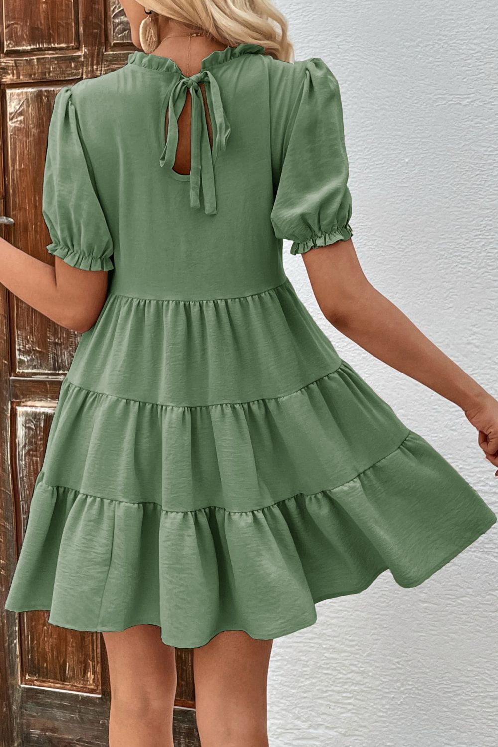 Puff Sleeve Tie Back Tiered Dress-Angel Casuals