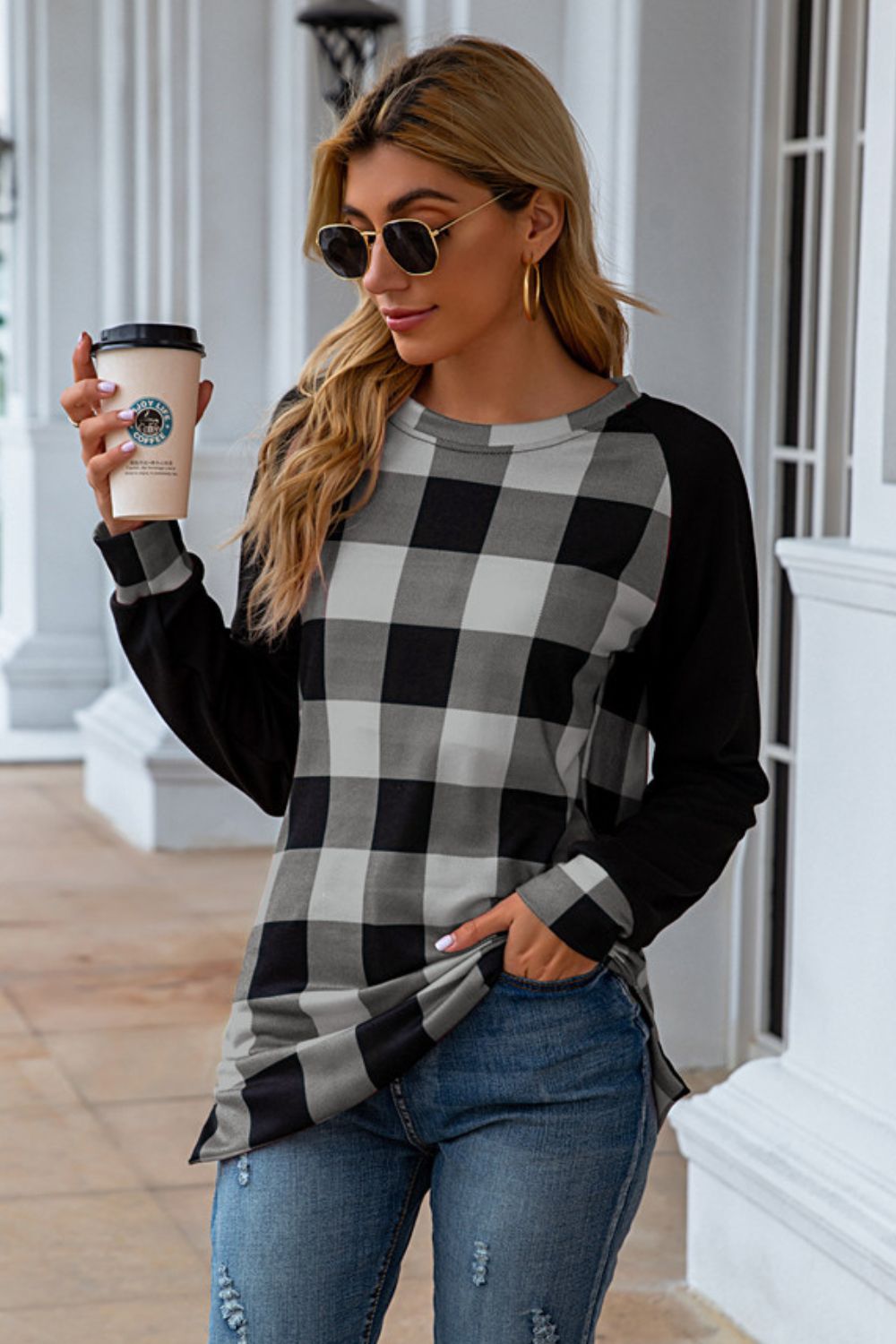 Plaid Round Neck Long Sleeve T-Shirt-Angel Casuals