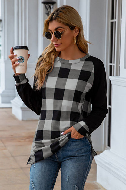 Plaid Round Neck Long Sleeve T-Shirt-Angel Casuals