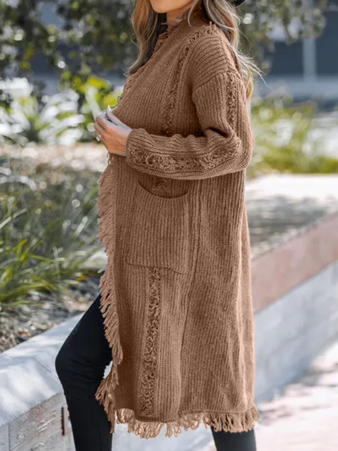 Fringe Open Front Long Sleeve Cardigan-Angel Casuals