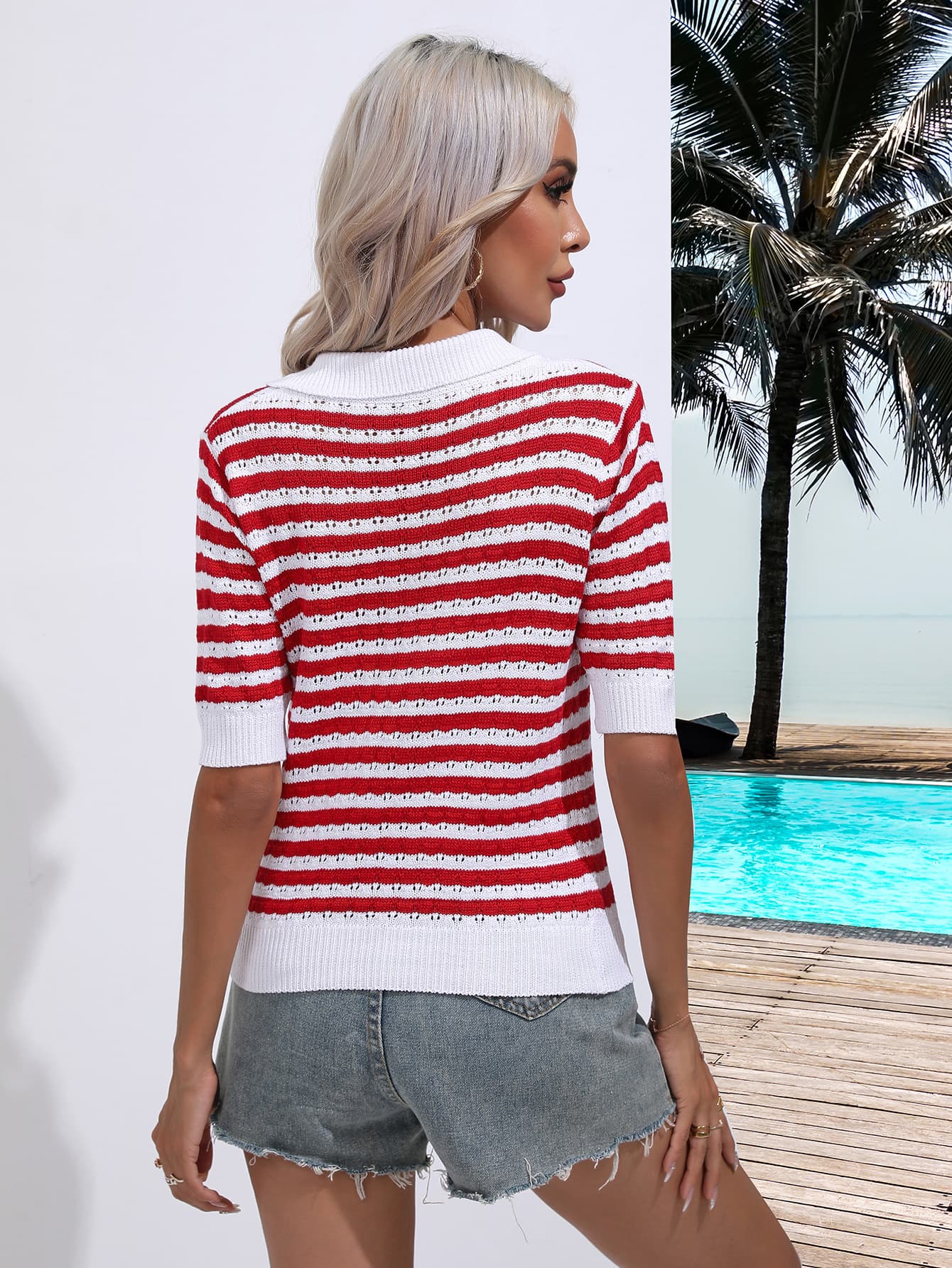 Striped Johnny Collar Half Sleeve Knit Top-Angel Casuals