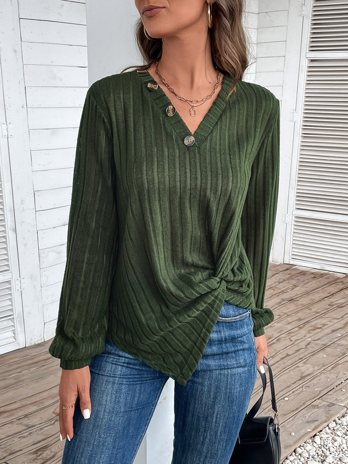 Twisted V-Neck Buttoned Long Sleeve T-Shirt-Angel Casuals