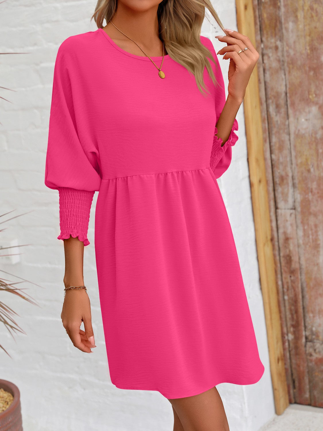 Round Neck Lantern Sleeve Mini Dress-Angel Casuals