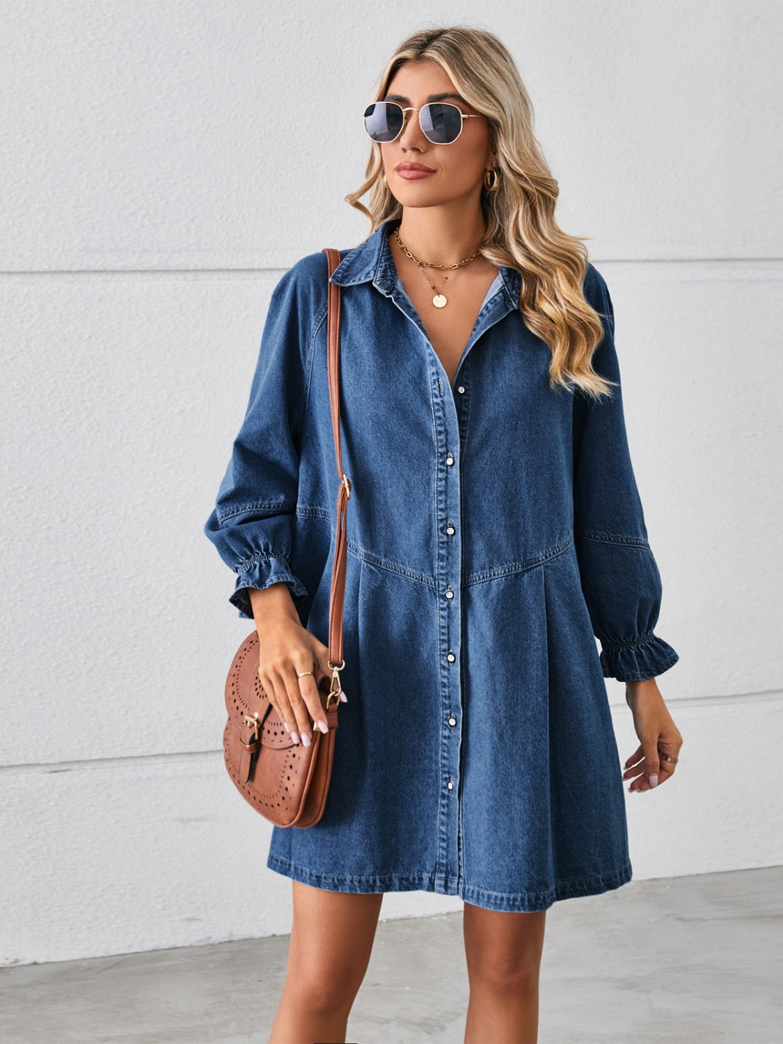 Button Up Flounce Sleeve Mini Denim Dress-Angel Casuals