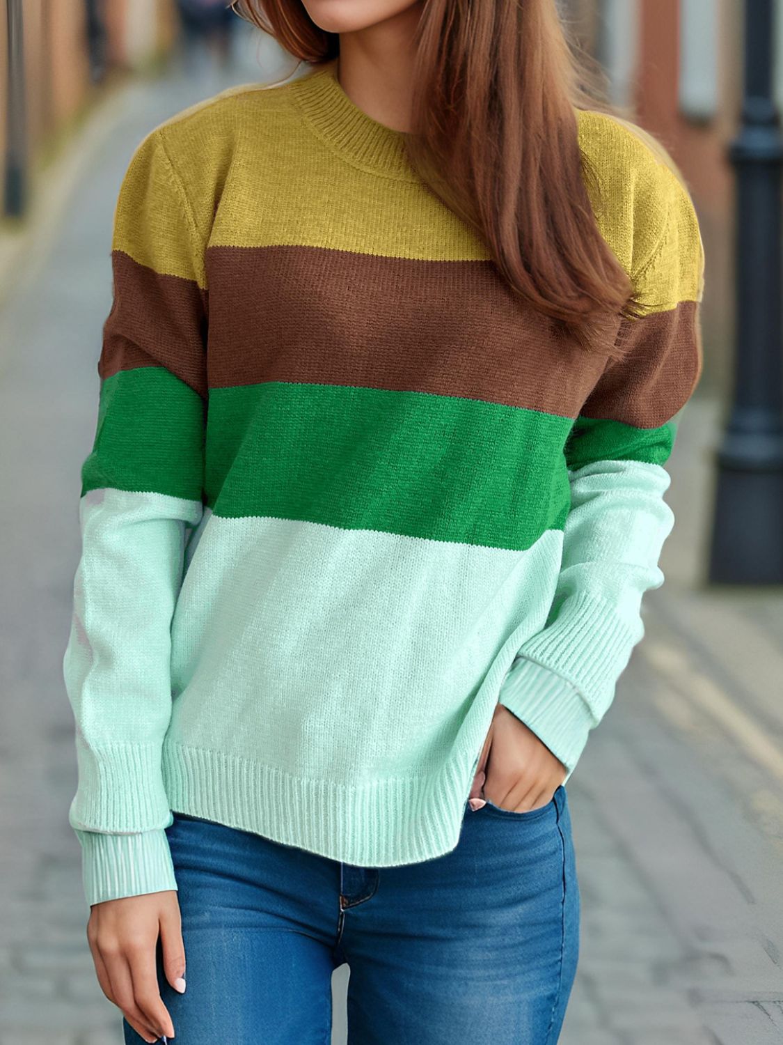 Color Block Round Neck Long Sleeve Sweater-Angel Casuals