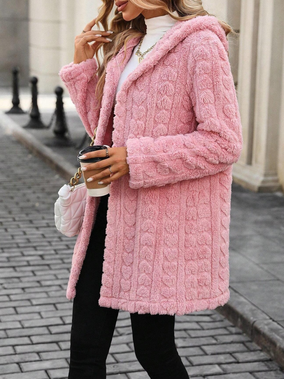 Heart Open Front Hooded Fuzzy Coat-Angel Casuals