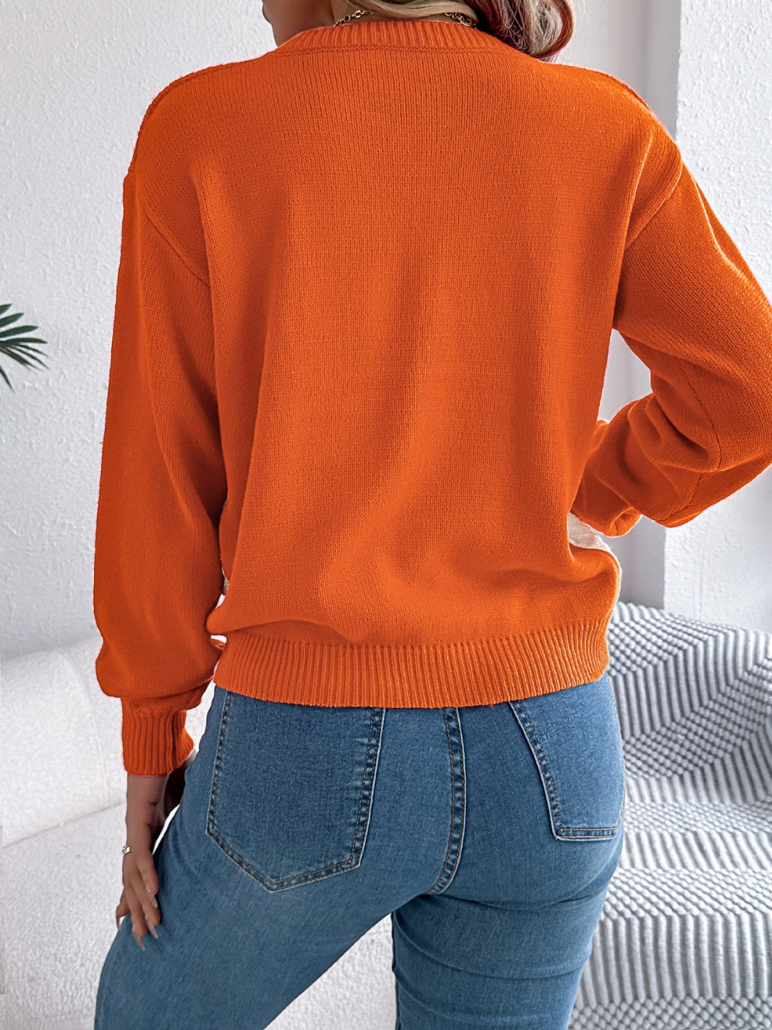 Contrast Round Neck Long Sleeve Sweater-Angel Casuals