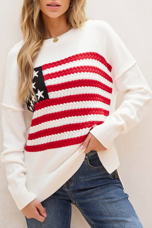 US Flag Round Neck Long Sleeve Knit Top-Angel Casuals