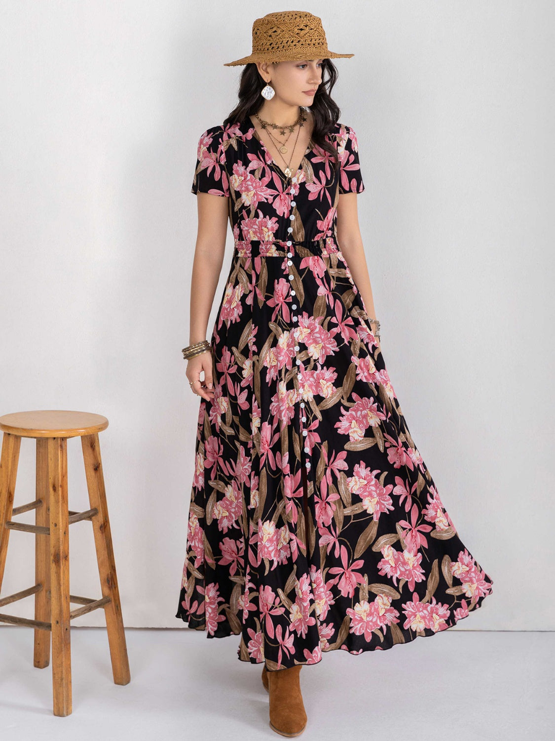 Floral V-Neck Slit Dress-Angel Casuals