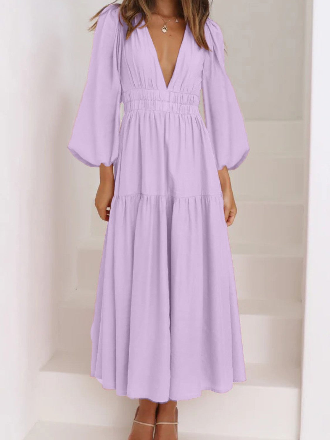 Deep V-Neck Balloon Sleeve Plain Maxi Dress-Angel Casuals