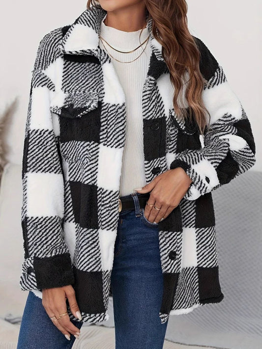 Plaid Button Up Long Sleeve Fuzzy Outerwear-Angel Casuals