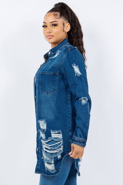 American Bazi Distressed Button Up Long Sleeve Denim Jacket-Angel Casuals