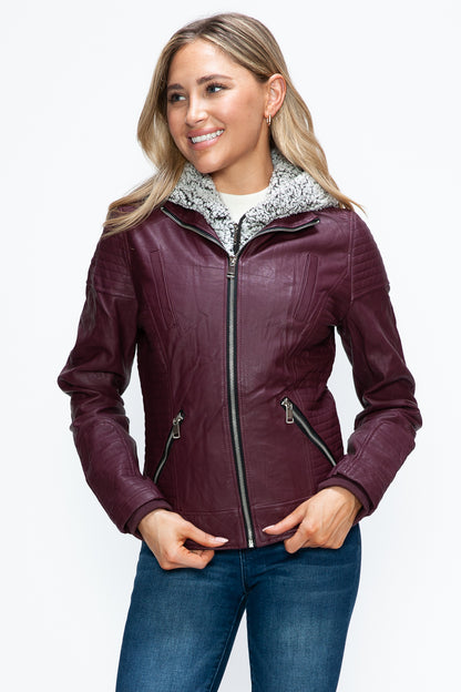 YMI Faux Layered Double-Zipper Jacket with Fuzzy Hood-Angel Casuals