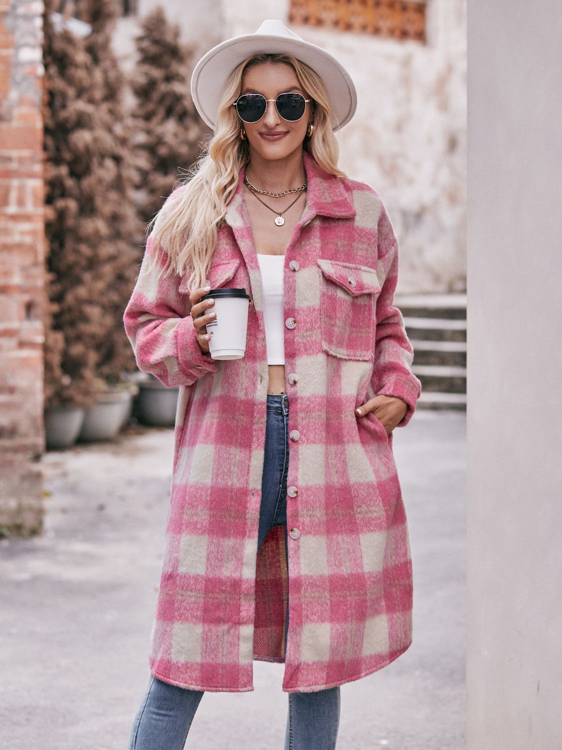 Mandy Plaid Dropped Shoulder Slit Coat-Angel Casuals