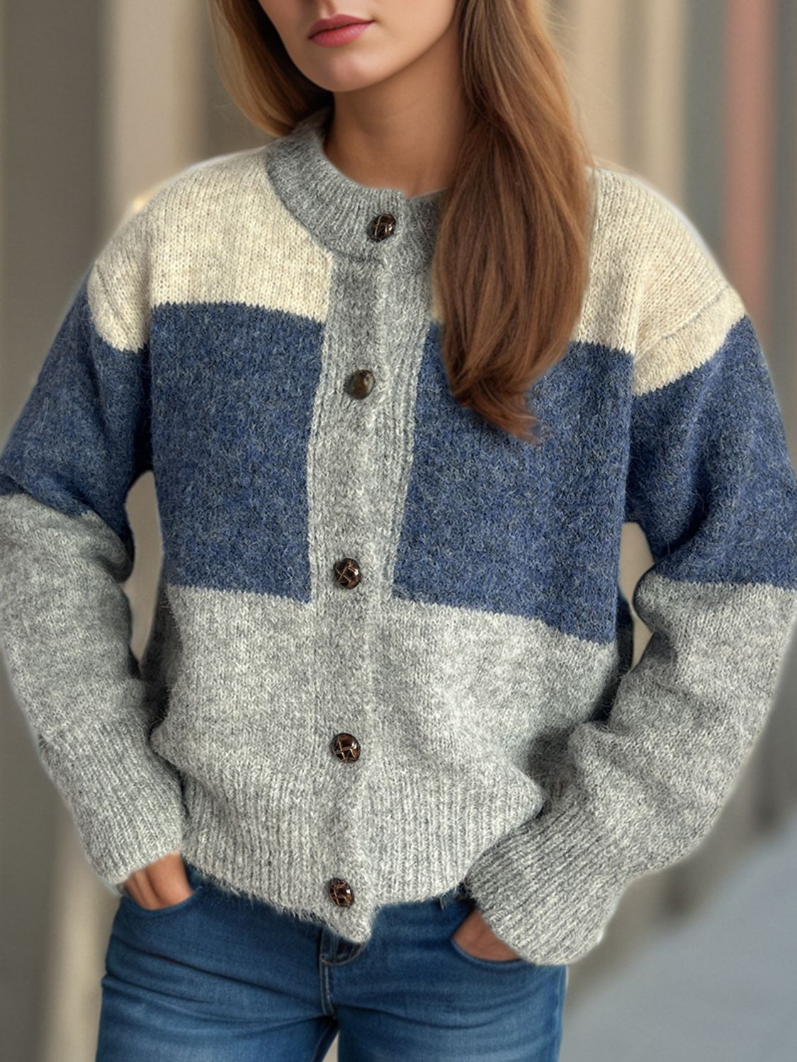 Color Block Round Neck Button Up Cardigan-Angel Casuals