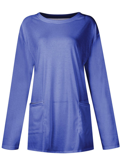 Full Size Pocketed Round Neck Long Sleeve T-Shirt-Angel Casuals