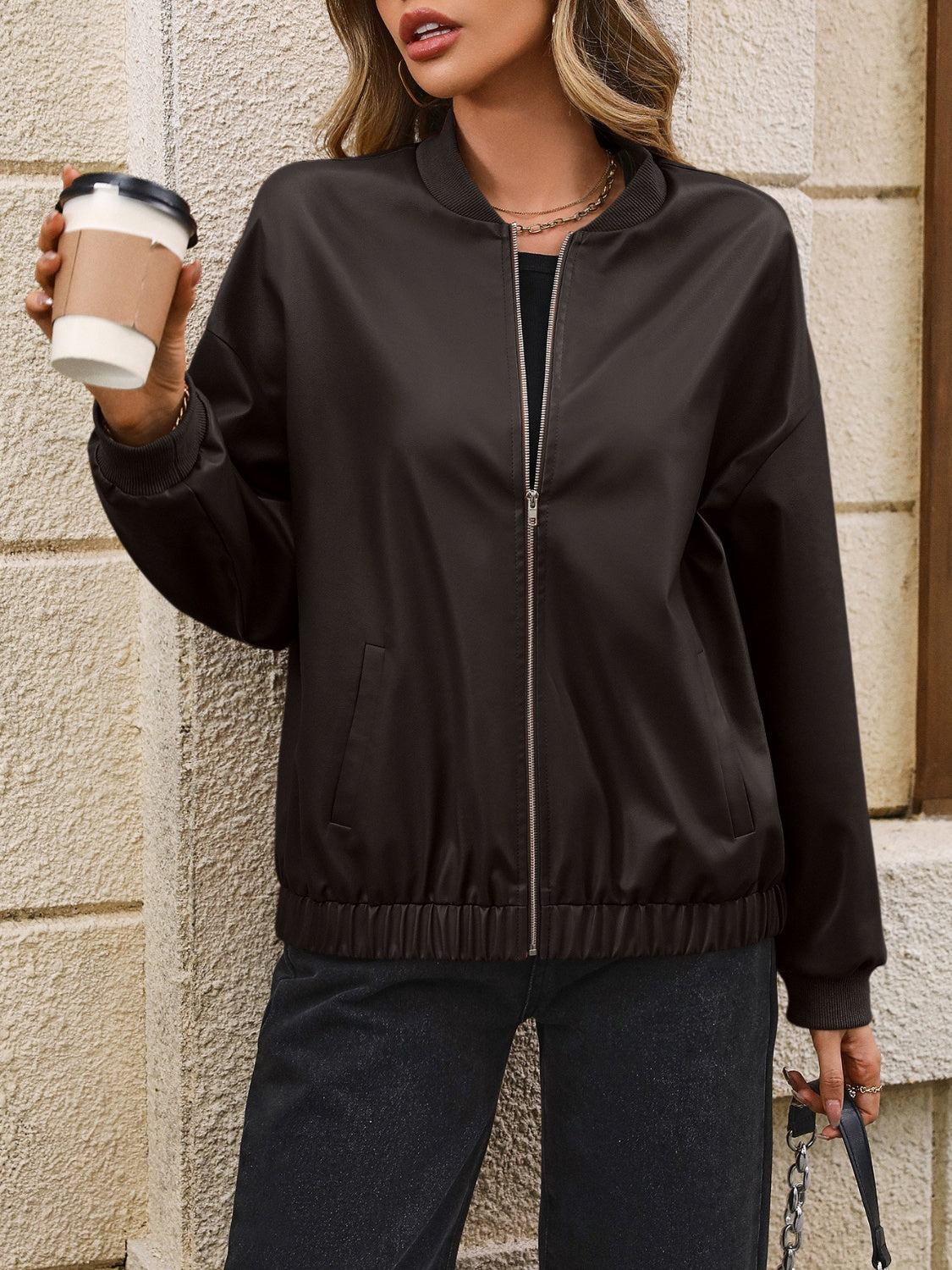 Ivy Lane Zip Up Baseball Collar Dropped Shoulder Jacket-Angel Casuals