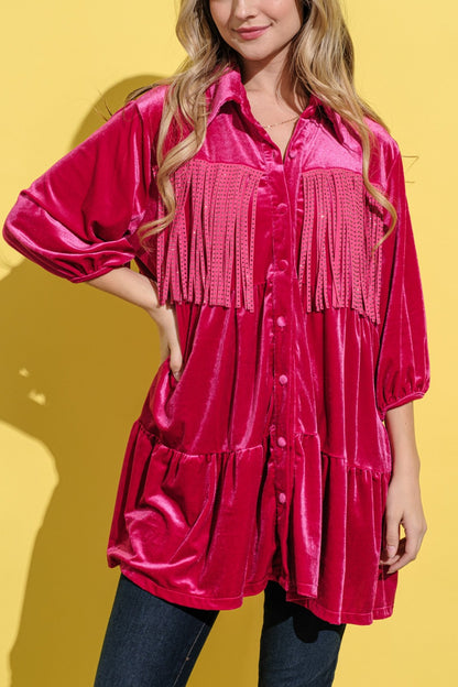 And The Why Fringe Detailed Velvet Shirt Dress-Angel Casuals