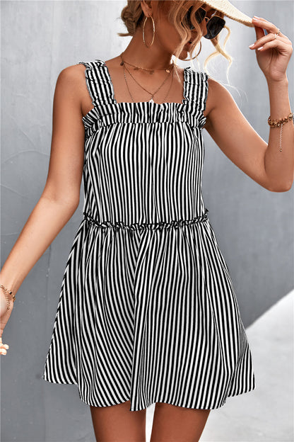 Striped Frill Trim Square Neck Dress-Angel Casuals