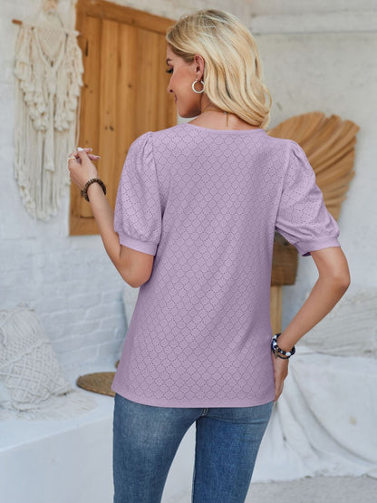 Eyelet Asymmetrical Neck Short Sleeve T-Shirt-Angel Casuals