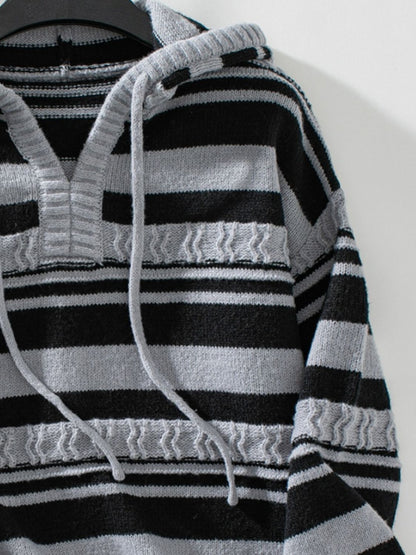 Drawstring Striped Long Sleeve Hooded Sweater-Angel Casuals