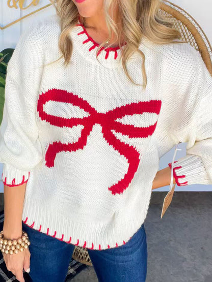 Bow Round Neck Long Sleeve Sweater-Angel Casuals