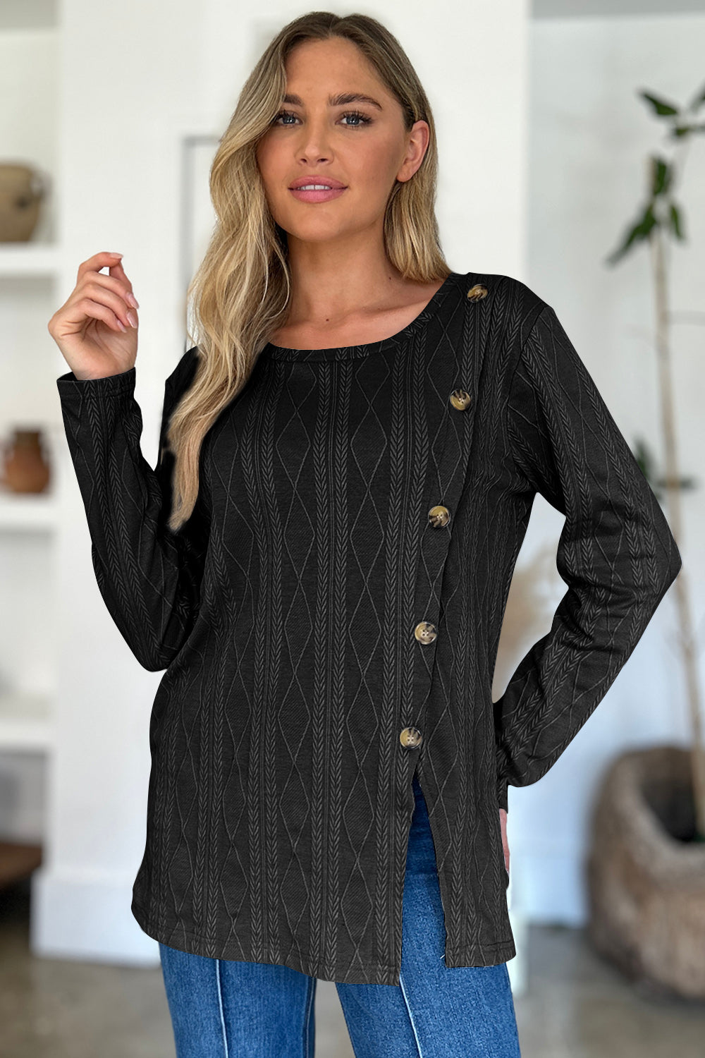 FAM-FAM Slit Round Neck Long Sleeve T-Shirt-Angel Casuals