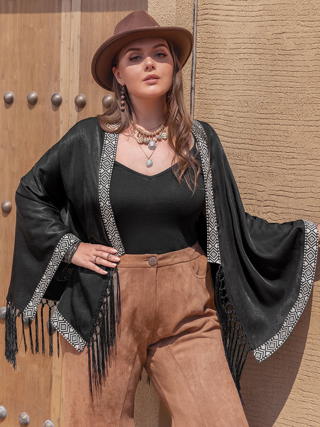 Plus Size Geometric Open Front Fringe Hem Cardigan-Angel Casuals