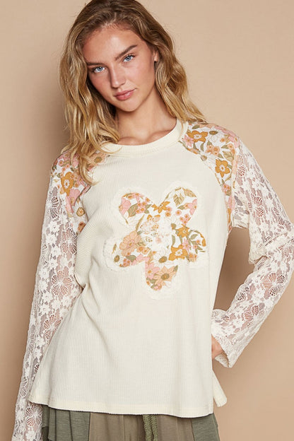 POL Flower Patch Lace Sleeve Knit Top-Angel Casuals