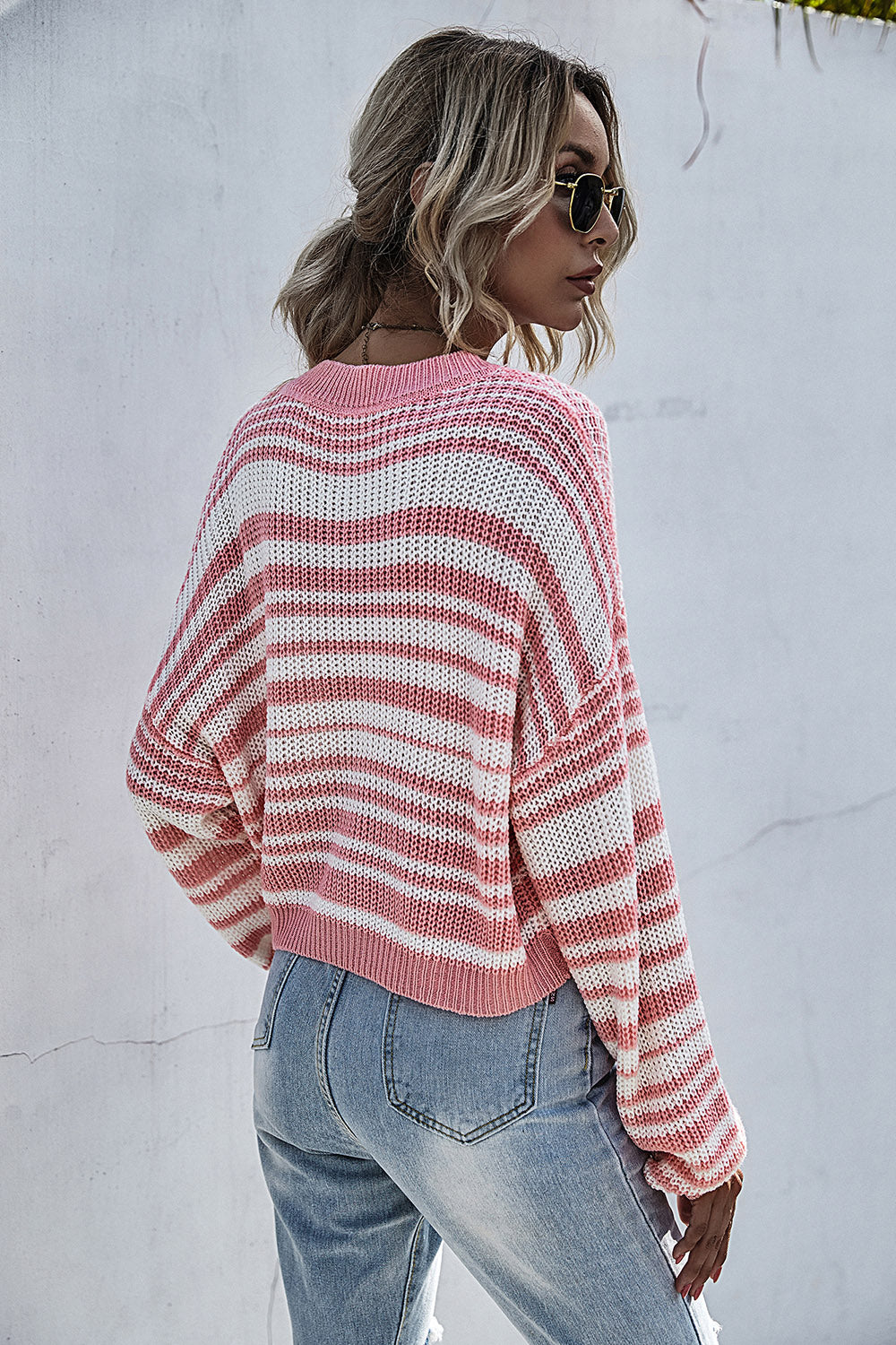 Perfee Striped Round Neck Dropped Shoulder Sweater-Angel Casuals