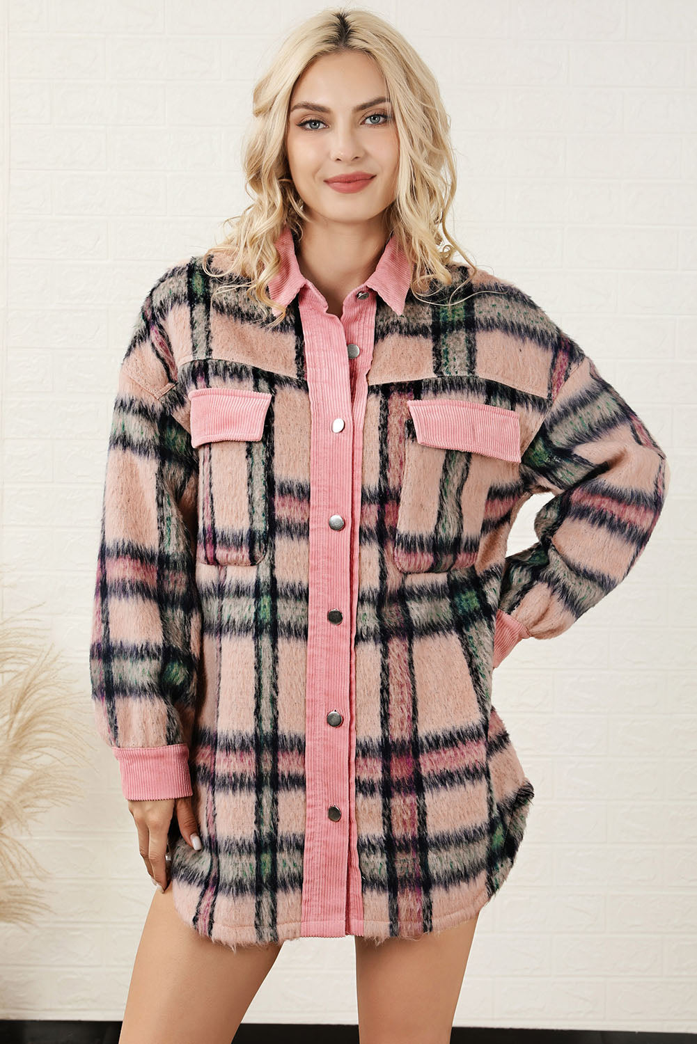 Plaid Button Down Drop Shoulder Jacket-Angel Casuals